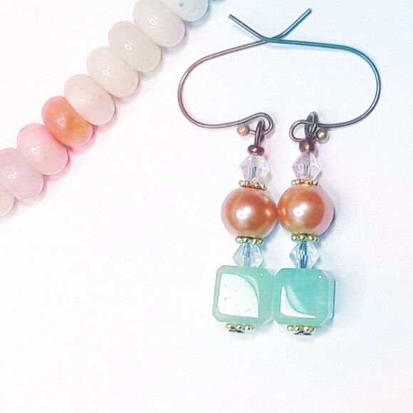 artisan earrings 457#mfs NEW boho hatpin victorian antique bronze mint peach dan - Picture 3 of 6